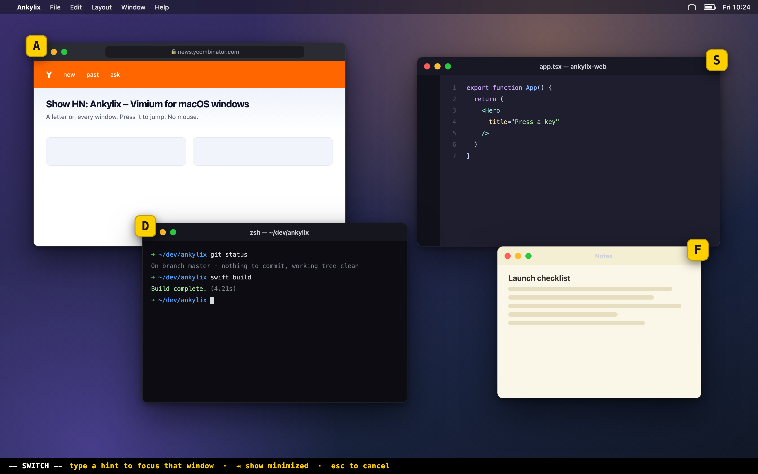 Ankylix window switcher: a letter hint on every open window across the macOS desktop