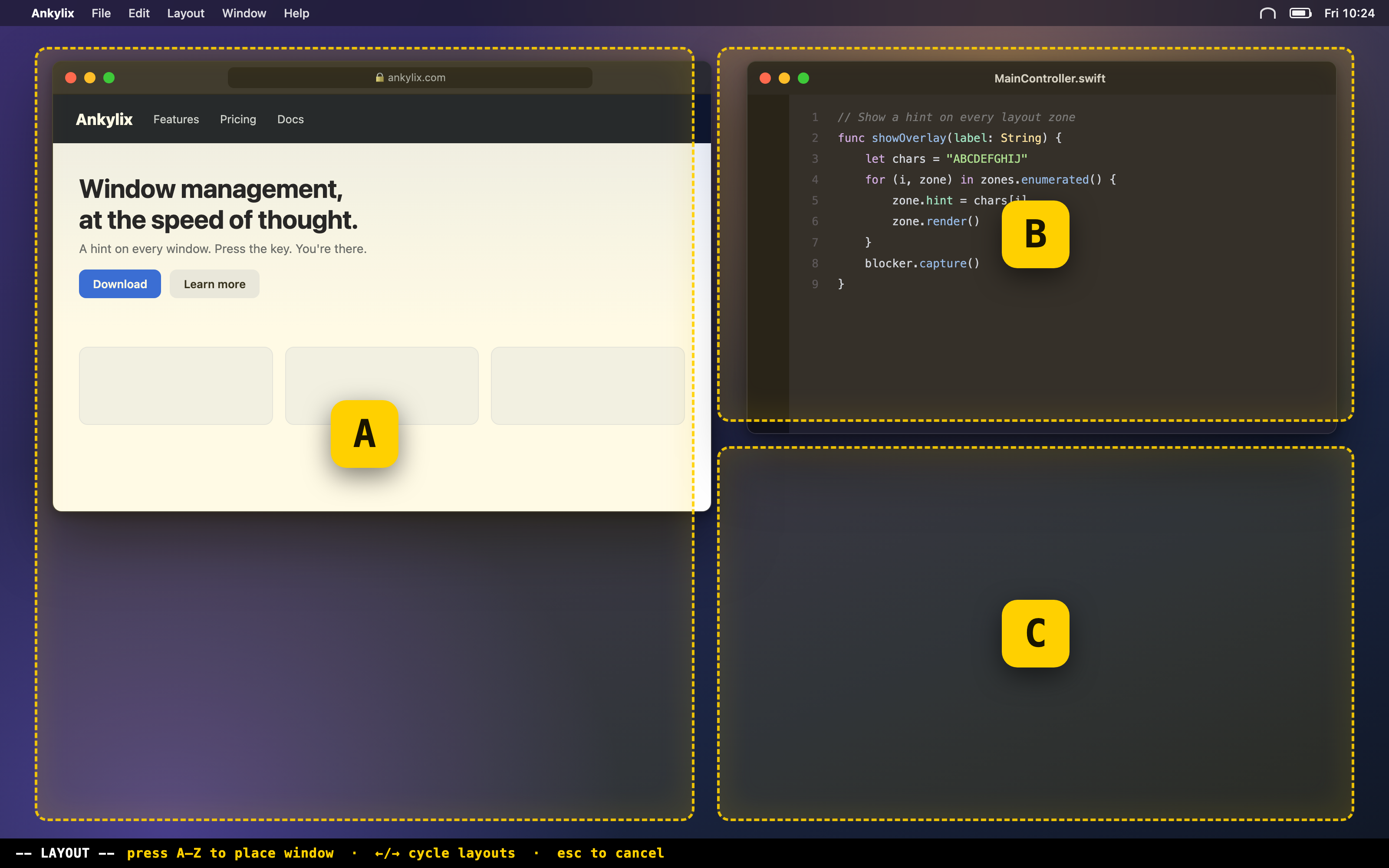 Ankylix showing letter hints over a macOS desktop in tiling layout mode